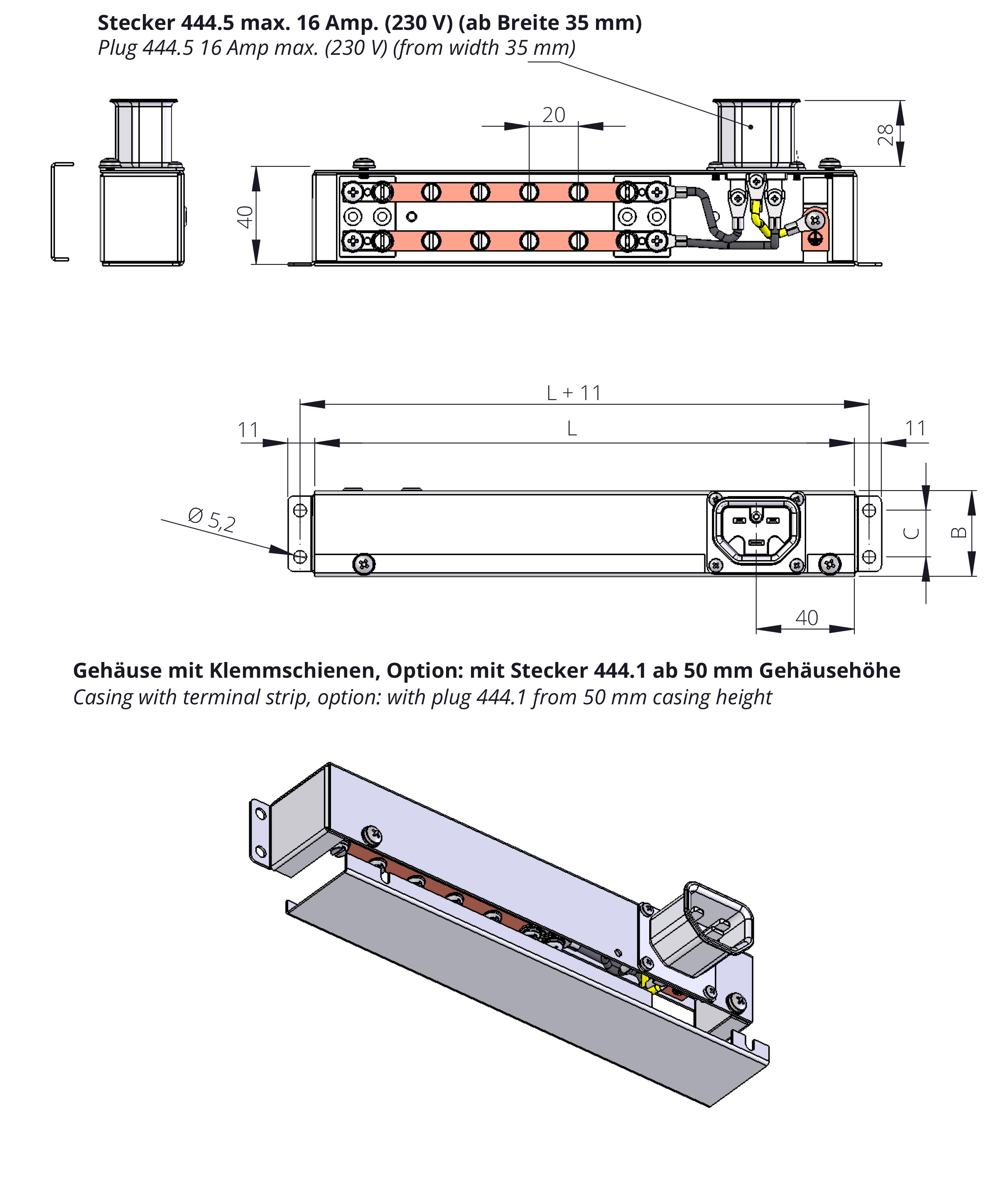 Technische Zeichnung Ausführung 2 — mit Stecker und Klemmschienen