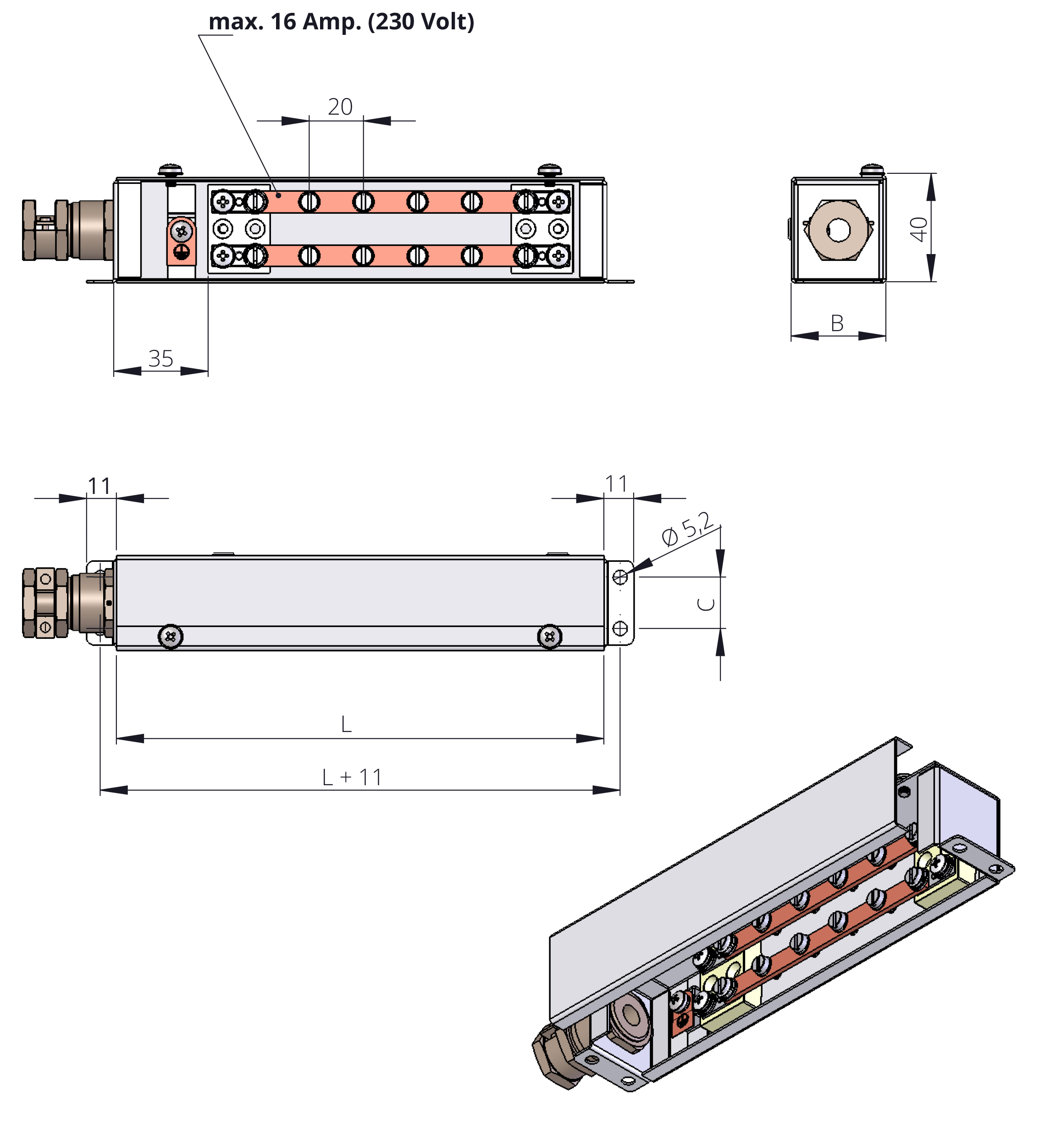 Technische Zeichnung Ausführung 3 — mit Kabelverschraubung und Klemmschienen