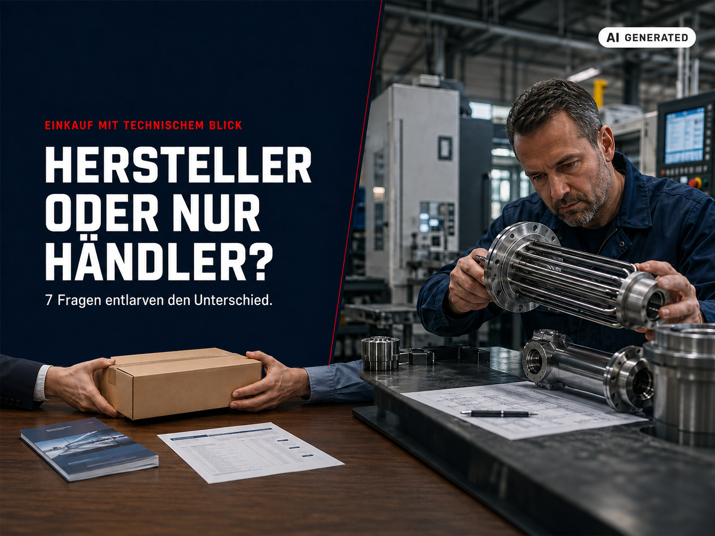 KI-generiertes Symbolbild: Hersteller oder Händler – links Übergabe eines zugekauften Kartons, rechts ein Techniker mit selbst gefertigtem Heizelement