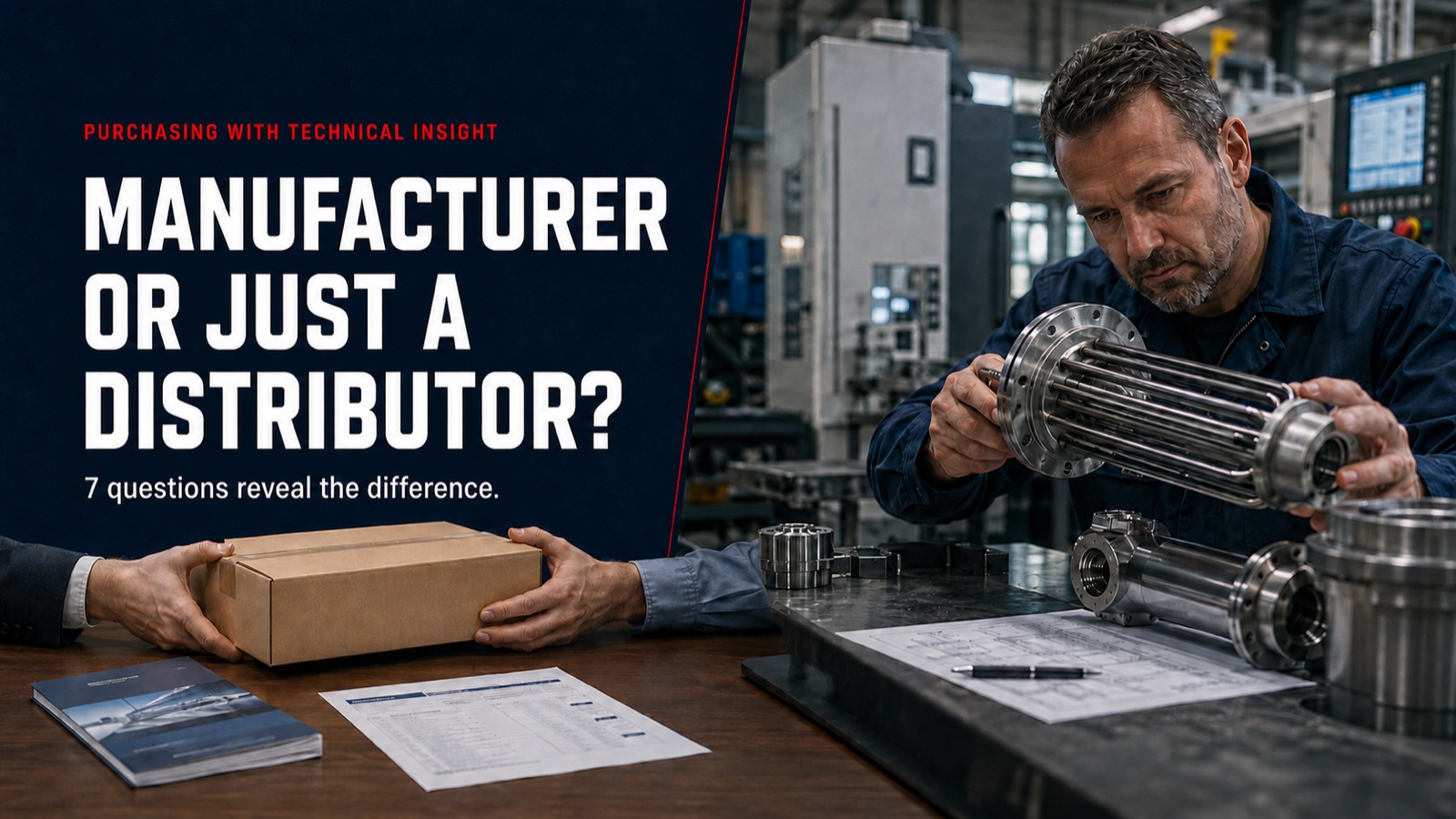 Manufacturer or dealer: on the left handing over a purchased box, on the right a technician with a self-made heating element
