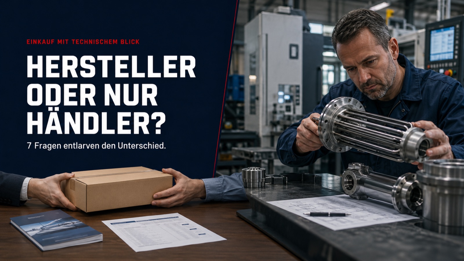 Hersteller oder nur Händler: links wird ein zugekaufter Karton übergeben, rechts prüft ein Techniker ein selbst gefertigtes Heizelement in der eigenen Fertigung