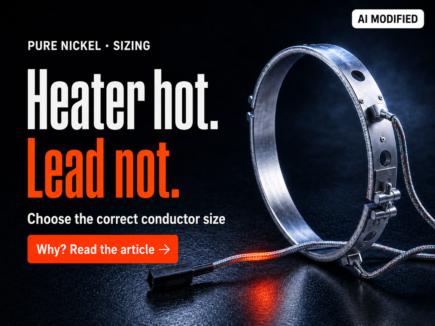 AI-modified band heater with the message Heater hot, lead not and guidance on choosing the correct conductor size
