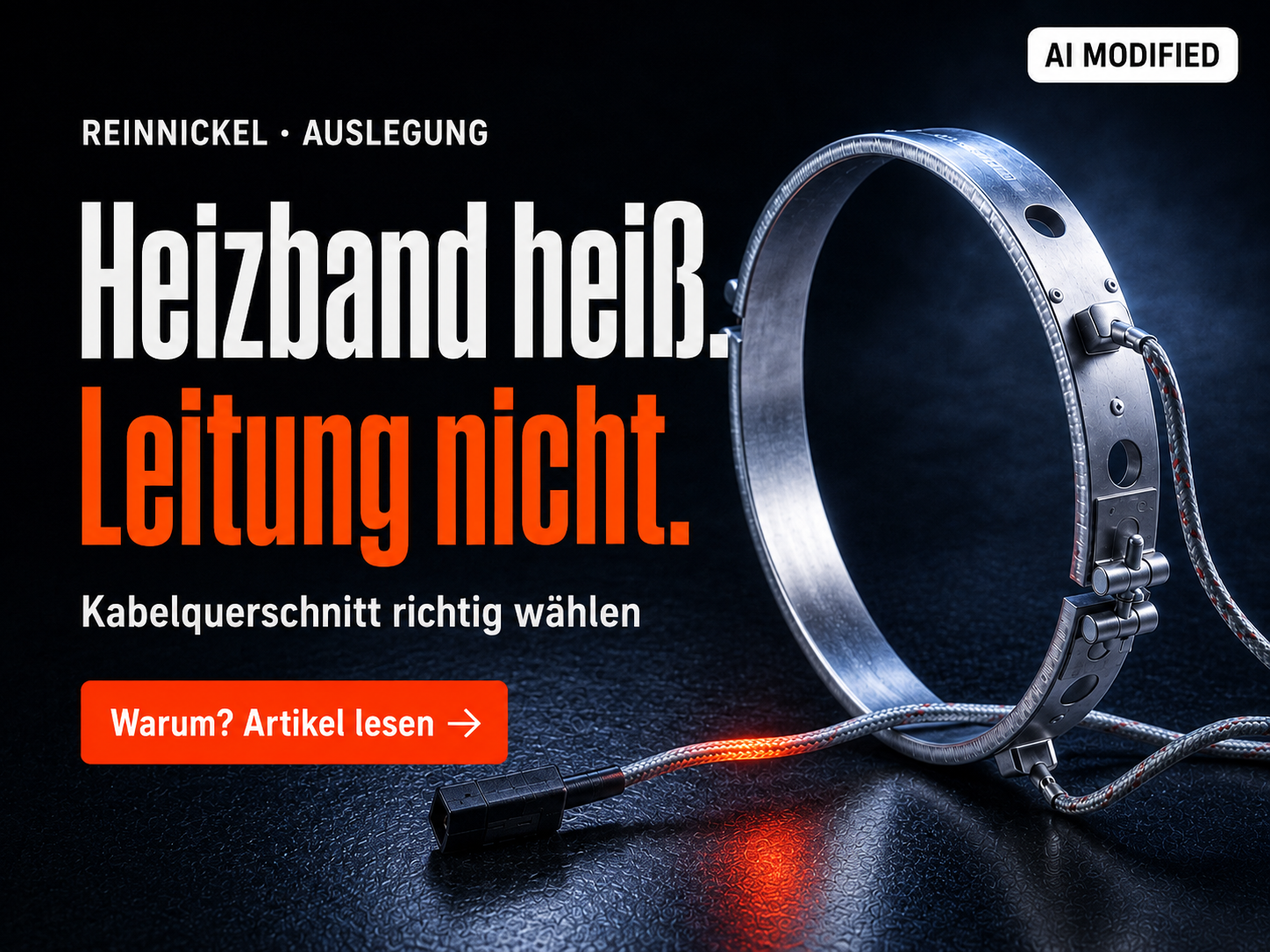 AI-modifiziertes ZAK Heizband mit der Aussage Heizband heiß, Leitung nicht und Hinweis zur richtigen Kabelquerschnitt-Auslegung