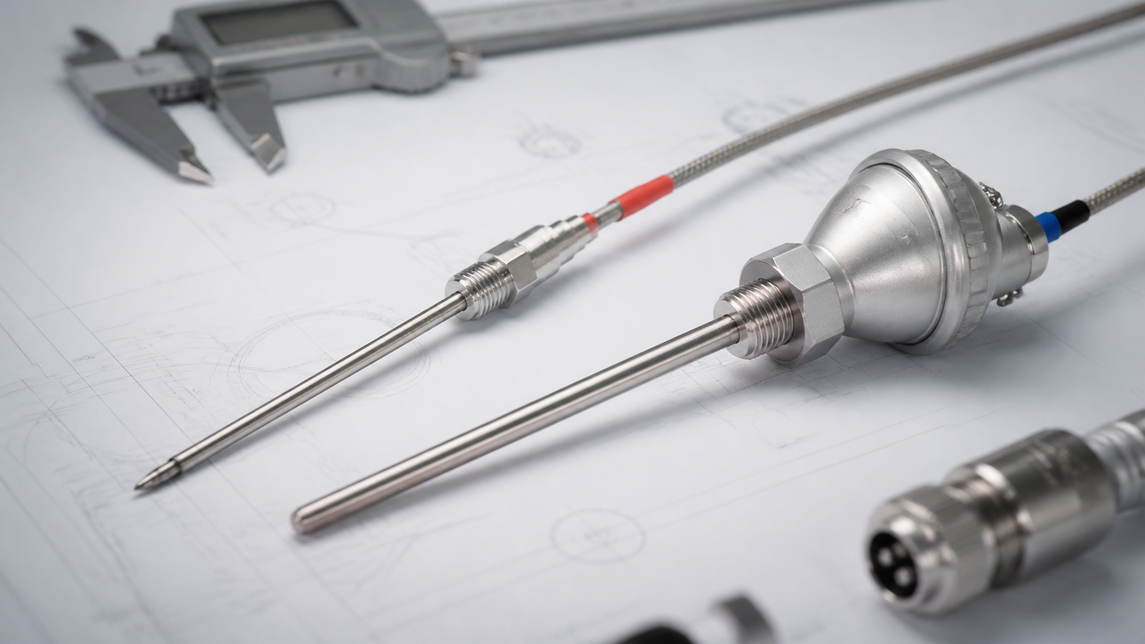 Thermoelement und Widerstandsfühler auf technischer Zeichnung