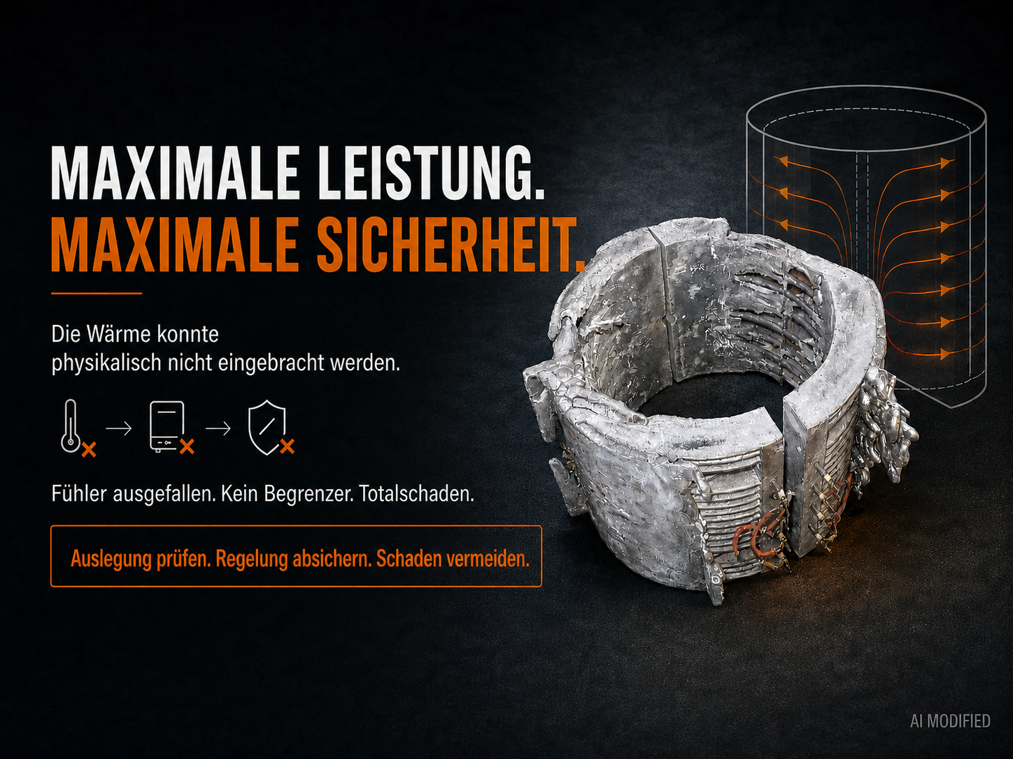 KI-bearbeitete Darstellung eines abgeschmolzenen Gussheizelements nach Fühlerausfall, hoher Heizleistung und fehlender Temperaturbegrenzung