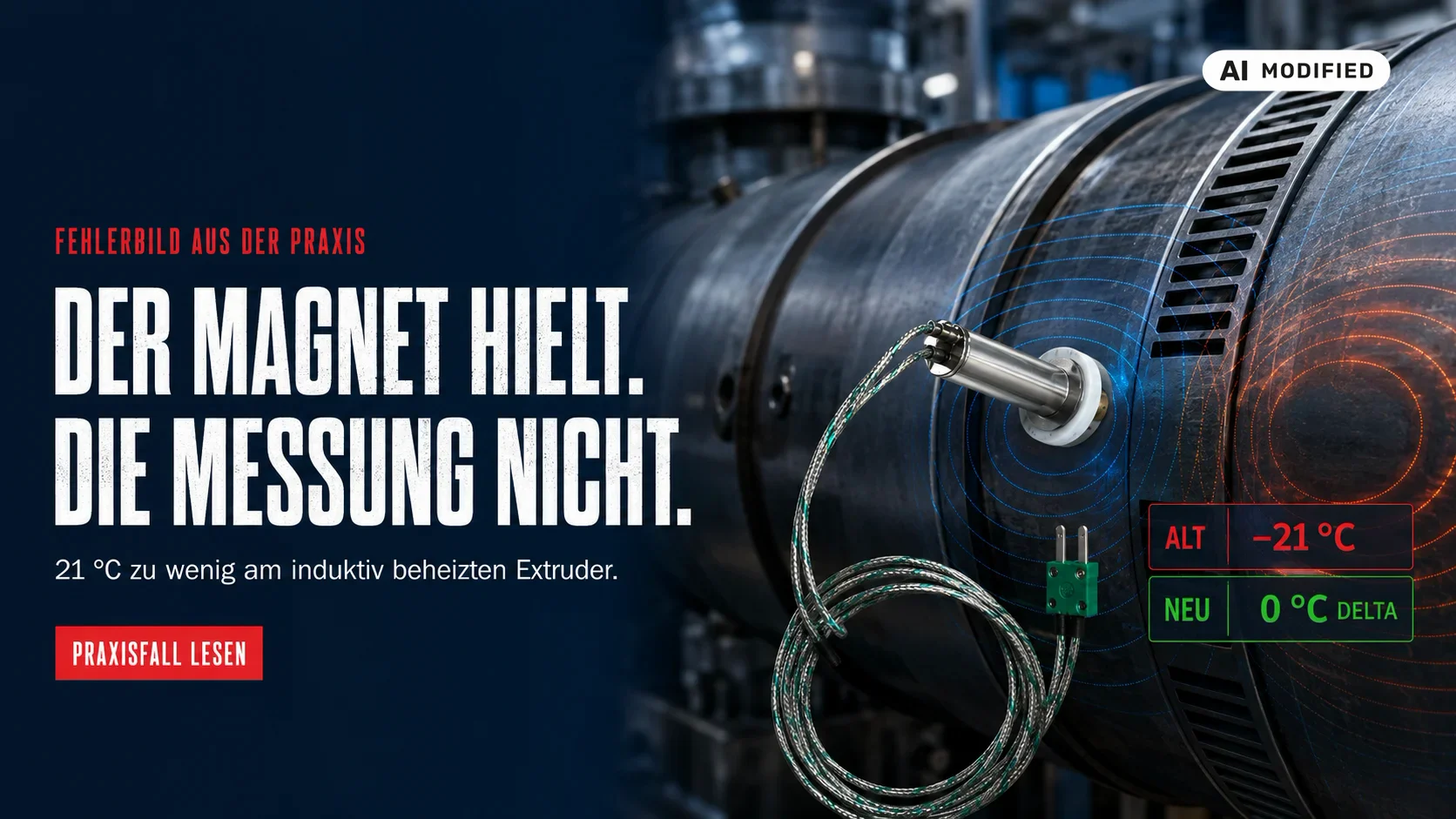 KI-bearbeitete Darstellung auf Basis eines eigenen Magnetfühler-Fotos: induktiv beheizter Extruder mit 21 Grad Celsius Messabweichung