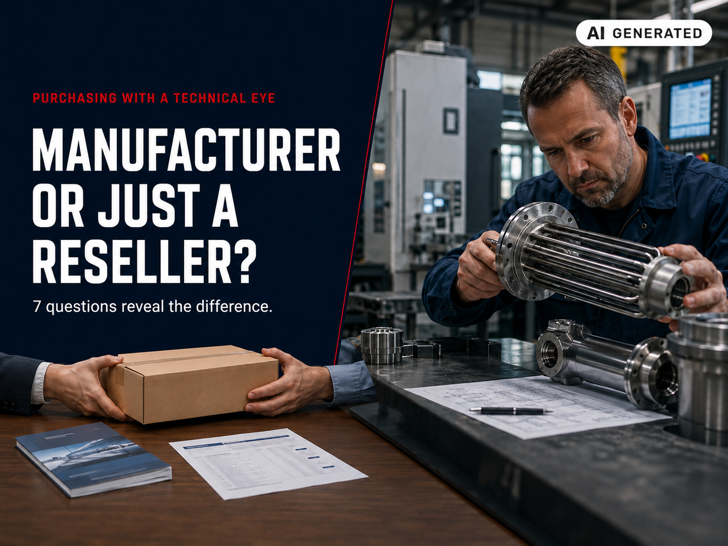 AI-generated illustration: manufacturer or reseller – a purchased box on the left, a technician with a heating element on the right